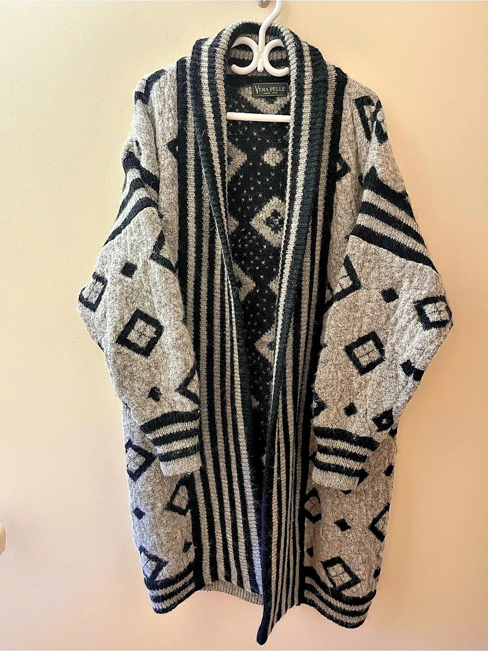 Vera Pelle Geometric Mohair Wool Cardigan in Gray & Black
